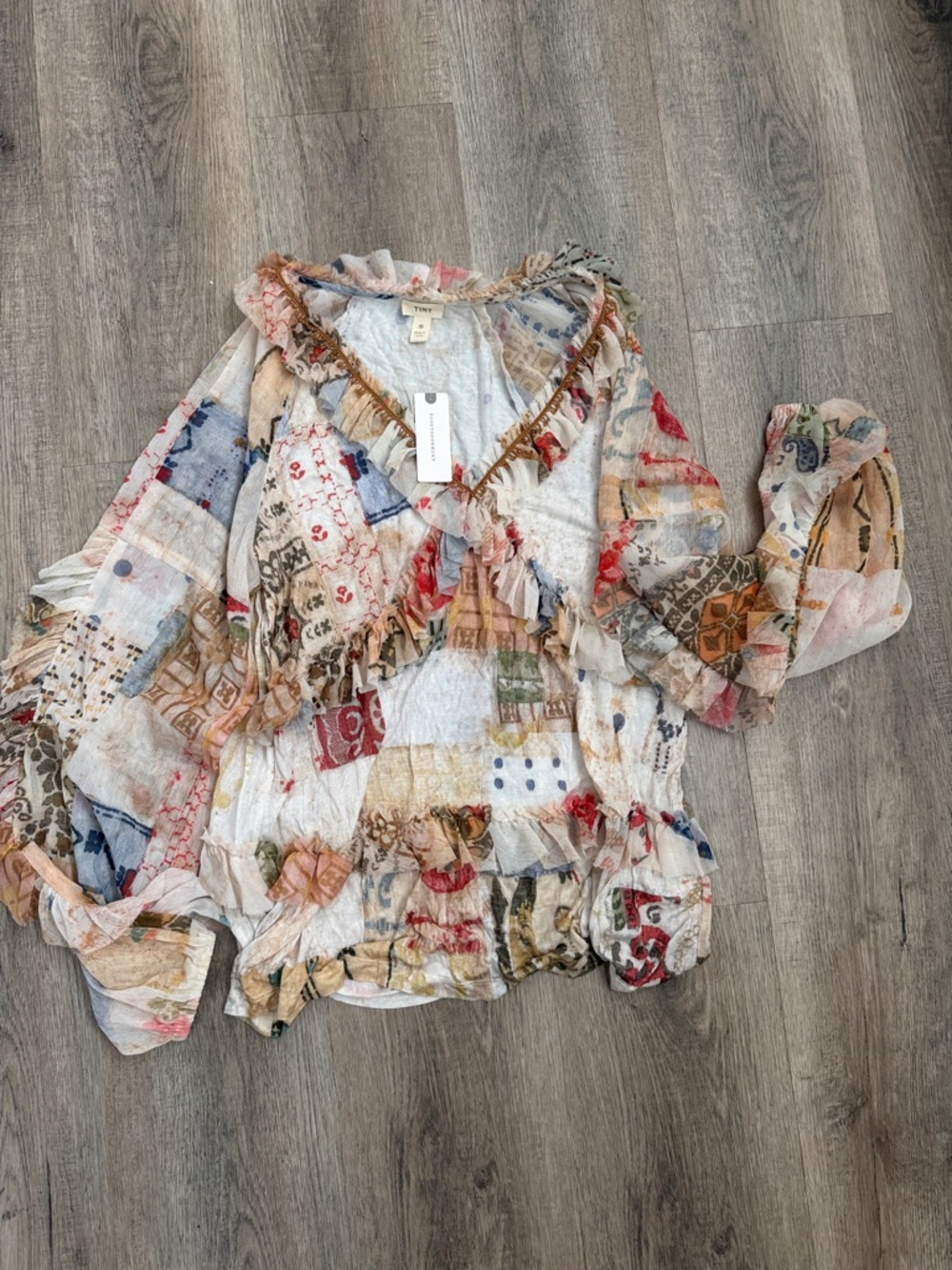 Anthropologie Patchwork Ruffle V-Neck Blouse - Cream, Tan, Blue, Red